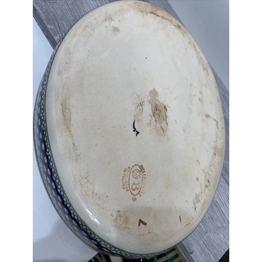 Bolesławiec Polish Pottery Peacock & Polka Dot Large Oval Baker‎ 14 Inches - Picture 5 of 5